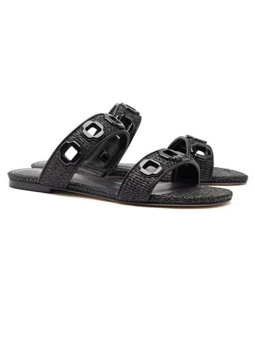 Larroude Milan Flat Mule Slide Sandals Size 5.5 Black Wave Raffia NEW $290